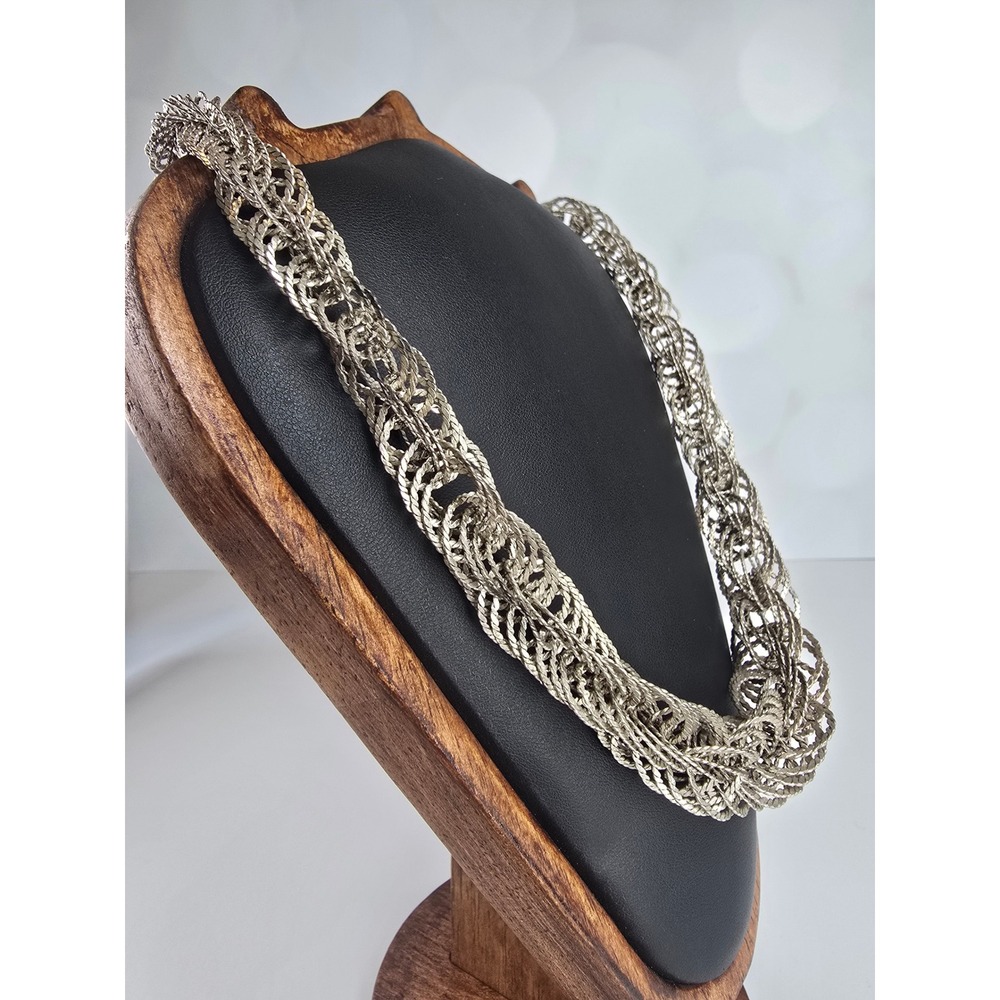 Vintage Silver Tone Multi Strand Woven Mesh Bib Statement Necklace Hook Clasp - Picture 2 of 6